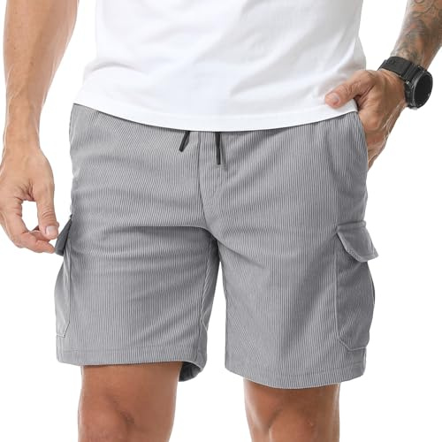 Suwangi Pantalones Cortos Cargo Hombre de Pana Bermudas con 5 Bolsillos | Cintura Elástica,Regular Fit,Ligera,Playa,Casual,Verano