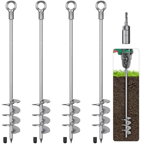 Benelabel Ancrages de Sol, 61cm Piquet Ancrage Piquet de Trampoline à Visser 4pcs Pointes TempêTe MéTal pour BalançOire/Camping/Abri/Chien/Abri Jardin avec Anneau Fixe Sac Rangement, Argenté
