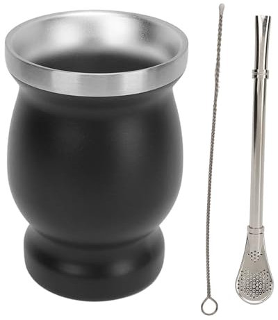 Fictory Taza de té de calabaza de acero inoxidable de doble pared aislada para bebidas calientes, incluye cuchara y popote y cepillo, perfecta para té, café, vino, negro, 230 ml