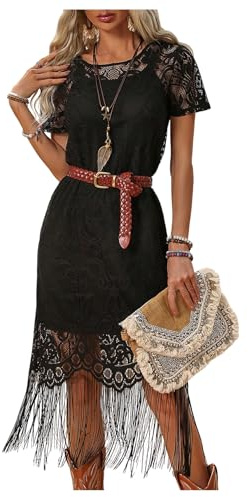 WDIRARA Women's Cowgirl Western Concert Fringe Dress Short Sleeve Sheer Lace Layered Dress Set Boho Bohemia