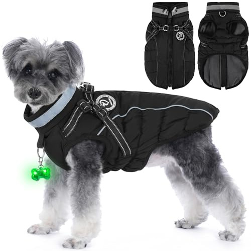 HezzLuv Manteau D’Hiver Imperméable pour Chien avec Harnais, Bandes Réfléchissantes & Collier LED, Doublé Polaire/Coton, Coupe-Vent, Réglable, pour Petits & Moyens Chiens (Noir, S)