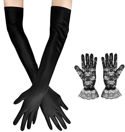 THXFUNAREA 1 Paar Handschuhe Lang + 1 Paar kurze spitzenhandschuhe schwarz, Handschuhe Elegant Damen, Satin Classic Abendhandschuhe,1920er Handschuhe für Classic Opera Party HalloweenKarneval Kostüm