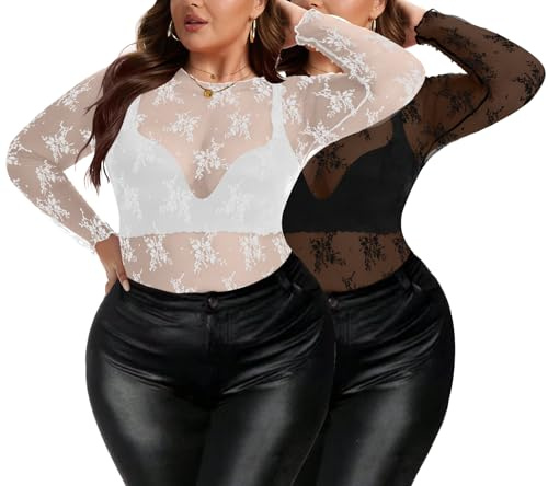 AYIFU Women's Lace Mesh Top Sheer Plus Size See Through Floral Long Sleeve Mock Neck Blouse Tops (White/Black 2-Pack, 3XL)