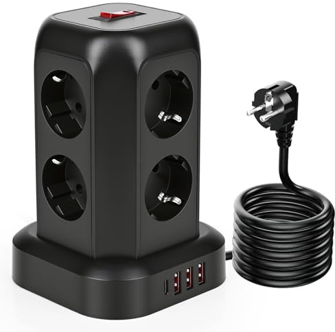 Glovios Torre Regletas Enchufes, Regleta USB 8 Tomas de AC y 4 USB Enchufe Multiple, 2500W/10A, Regleta Enchufes Proteccion Sobretension, 1.8M Regreltas Vertical con Interruptor