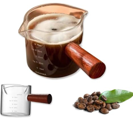 Espresso Measuring Cup with Wood Handle, 75ML Clear Borosilicate Glass, Heat-Resistant for Coffee Measurement, Double Spout Glass Measuring Cup with Dual Scale & V-Shaped Mouth