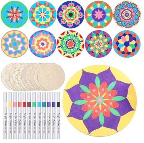 Eieenotee 22 Pcs Wooden Mandala Painting Set 10 Mandala Unfinished Wood Cutouts with 12 Markers for Crafts Mandala Wood Slices