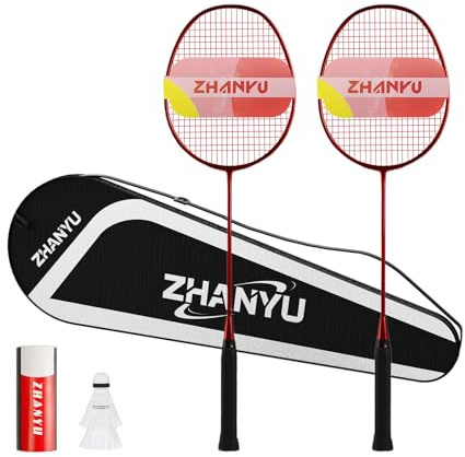 Shuttlecock Racket, Badminton Racket, Professional Training Entertainment Shuttlecock Set with 82 g Carbon Fibre, Consists of 2 Rockets, 2 Badminton Balls and 1 Bag (FD01) (Red)