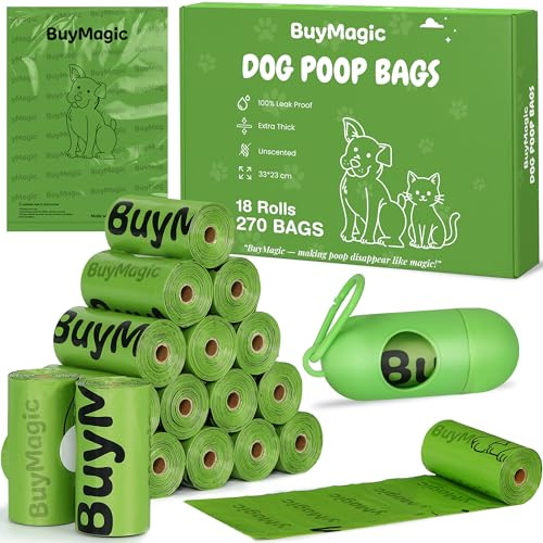 BuyMagic Dog Poo Bags, 270 Extra Thick Poop Bags (18 Rolls) with Dispenser, 100% Leak Proof Dog Waste Bags, Unscented, Large 33×23 cm (Green)