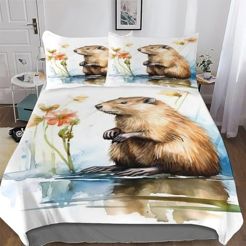 AASWSWW Beaver Bedding Set Duvet Cover with Pillowcase Soft Microfiber 3D Quilt Cover 3 Pieces For Boys, Girls And Teenagers Double (200x200cm)