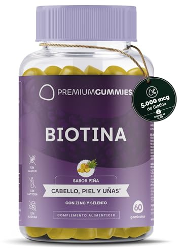 Biotina 5000mcg - Gommose alla biotina per capelli, pelle e unghie - Con zinco e selenio - Gusto ananas - Senza zucchero - Vegano - Senza glutine - Non OGM - 60 caramelle gommose - 30 giorni