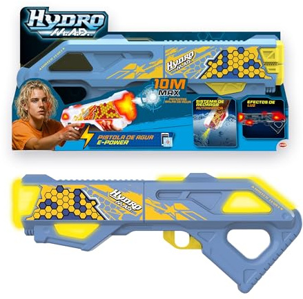 Bizak Hydro Mad Blu e Giallo,Blaster d'acqua elettrica con ricarica automatica, portata fino a 10 m, effetti di luce e batteria ricaricabile, giocattolo acquatico potente, per bambini da 8 anni