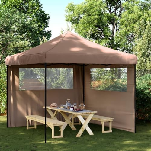Tonture Tente de fête pliable avec 2 panneaux latéraux, marron, 292 x 292 x 315 cm, tissu Oxford imperméable, cadre en acier stable, pliable pour extérieur, camping, terrasse