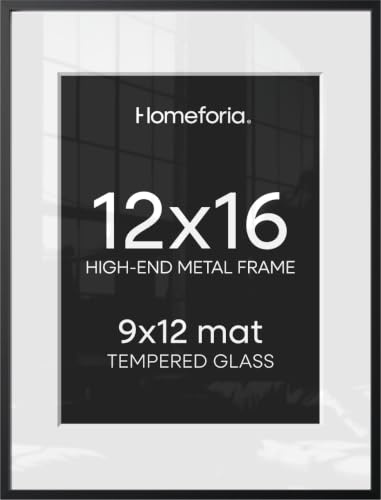 Homeforia 12x16 Black Picture Frame, High-End Metal, 9x12 Mat, Glass