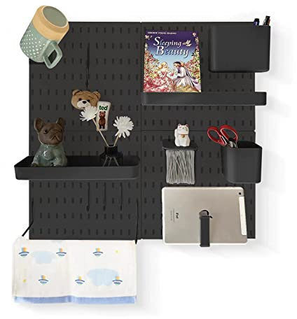 JoyBHole Kit de combinación de tablero perforado y 13 accesorios (contenedor de soportes de gancho de estante), sin perforación, para garaje, cocina, sala de estar, baño, oficina, 22 x 22 pulgadas,