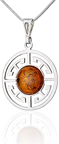 AMBEDORA Donna, collana in argento 925 lucido con nanorivestimento protettivo, ambra baltica rotonda, ciondolo celtico del cerchio della vita su catena a serpente, set regalo