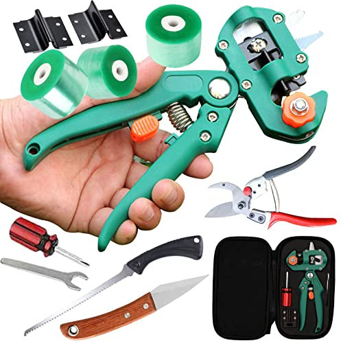 Gartenschere Ratschenschere, Pfropfen Werkzeug Kit Garten Ratschenschere Set Pfropfen Schneidwerkzeug Garden Grafting Tool mit V+U+Ω Klinge für Obstbäume/Blumen/Zweige, Grün,Style2