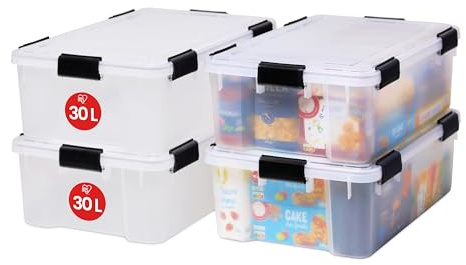 Iris Ohyama Luftdichte Kunststoff-Aufbewahrungsboxen mit Deckel, 30L, 4er-Set, Transparent, Hermetischer wasserdichter Verschluss, Robuste Schnappverschlüsse, Stapelbar, Staubschutz, BPA-frei, AT-LS