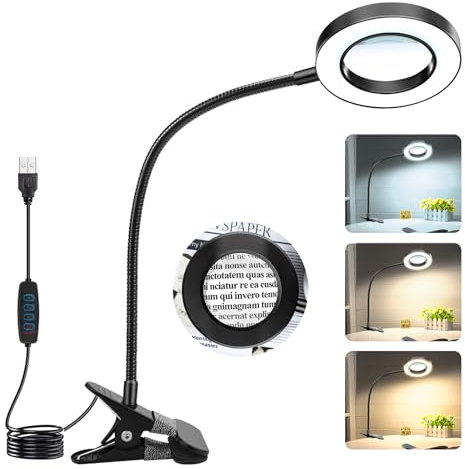 NZQXJXZ Lupe mit Licht USB-gespeist-Lupenleuchte mit 3 Farbmodi Metall-Clip- für Leiterplatten, Reparaturen, Handwerk, Lesen, Nähen, Kunstwerke