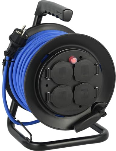 Electraline 29010 Rallonge Prolongateur électrique Outdoor Profesionnelle avec Enrouleur 25M, Câble spécial AT-N05V3V3-F 3G1.5, utilisable jusqu'à -35 °C, résistant aux UV, huiles, 4 Prises 16A IP44