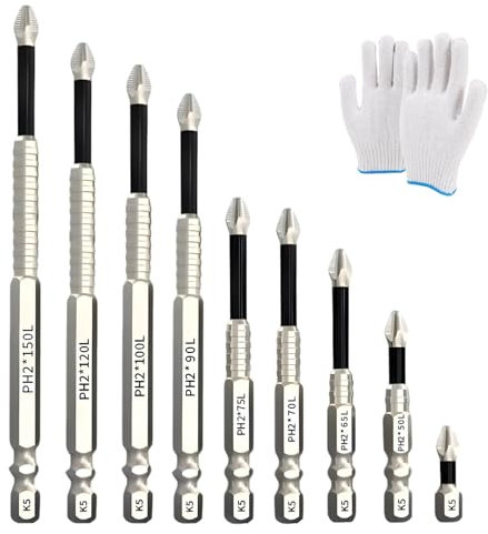 9PCS High Magnetic Screwdriver Drill Bit Set,High Magnetic Drill Bit Set,Non-Slip,with a Pair of Gloves,Suitable for 25 50 65 70 75 90 100 120 and 150mm (Silver)