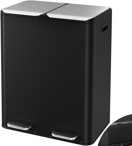 LIFERUN Poubelle à 2 compartiments, 2 x 30 L, poubelle à pédale avec filtre à odeur, couvercle silencieux, seau intérieur en plastique, système de tri des déchets, double poubelle en métal pour