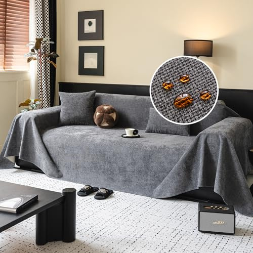 SECXEO Jeté de Canapé Imperméable et Anti-Griffes, en Tissu Chenille Jacquard Doux, Protège-Canapé Antidérapant, Grande Taille pour canapés Droits et d’Angle, 1 à 4 Places, Gris 180 x 130 cm