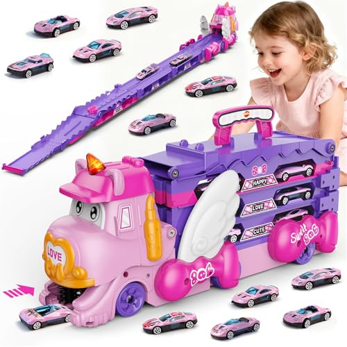 VATOS Camión de transporte para niñas de 3, 4, 5, 6 años, pista de carreras plegable de unicornio con luz y música, auto de juguete de princesa portátil con 6 autos de carreras, camión transportador