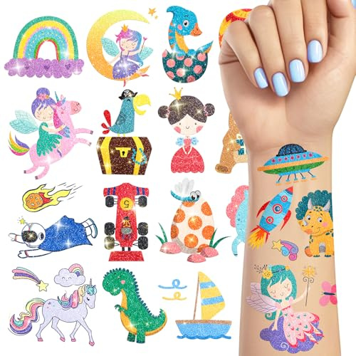 TatoYard Glitter Tattoos for Kids, 204 Individual Patterns Temporary Tattoo Stickers for Boys Gilrs Party Bag Fillers Favours, Children Birthday Decorations Class Games Toys