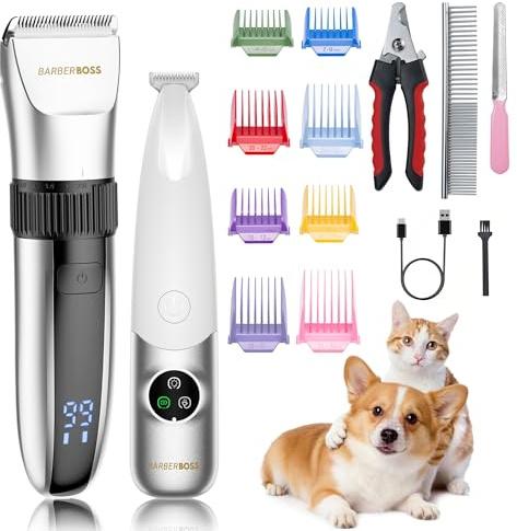 BarberBoss Tondeuse de toilettage sans fil pour chien, Imperméable, lames en céramique, écran LED, charge rapide, tondeuse électrique à faible bruit pour chiens (Argent et Blanc) | Tondeuse à poils double pour chiens et chats, faible bruit, écran LED, étanche, rechargeable par USB