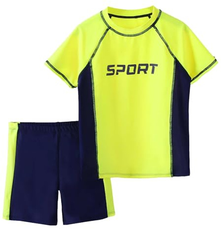 Ensemble de bain avec design bloc de couleurs, t-shirt sportif à manches courtes avec imprimé lettres, short de bain assorti pour la plage, le surf, la natation, le bain thermal, taille élastique