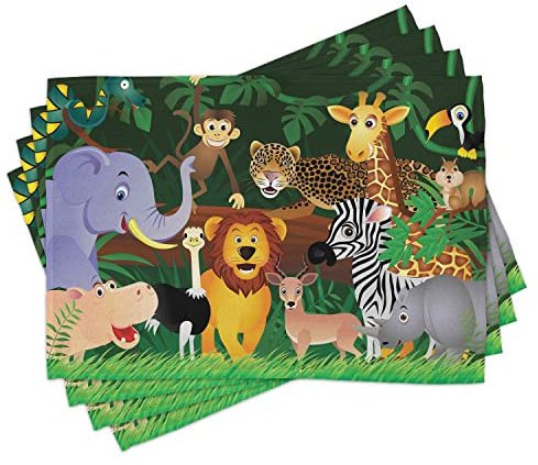 ABAKUHAUS Zoo Platzmatten, Tiere im Dschungel-lustige Ausdrücke exotische komische Beifall-natürliche Lebensraum-Illustration, Tiscjdeco aus Farbfesten Stoff für das Esszimmer und Küch, Grün und Braun