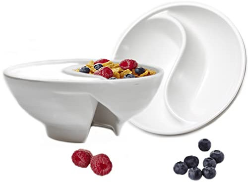 VALLENWOOD Never Soggy Müslischale Weiß x2 geteilt Müslischale getrennt Unzerbrechlich Melamin Zweiseitige Schüssel Anti Soggy Separat Ideal für Snack und Salsa