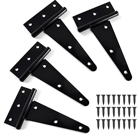 4pcs T Gate Door Hinges, 3inch Black Garden Gate Shed Hinges Heavy Duty Metal T Strap Tee Hinge with Screw for Wooden Shed Gates Barn Windows