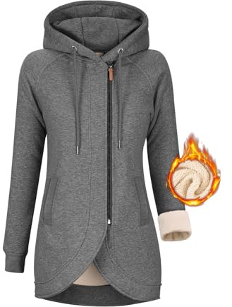 UMIPUBO Felpa Donna con Cappuccio Invernale Felpe con Zip Fodera in Pile Hoodie Sweatshirt a Manica Lunga Caldo Lungo Giacca con Tasche Cotone Termica Cappotto Pullover (Grigio Scuro, XL)