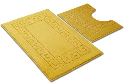 Ambience Products Greek Key Pattern Bath Mats 2 Piece Sets Non Slip Bathroom Mat, Soft Washable Rug Quick Dry Water Absorbent Bathroom Shower Mat & Pedestal Set (Yellow)
