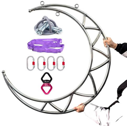 NUNETH Aerial Hoop Mond-Lyra-Hoop-Luft-Hoop-Kit, Silberner Luft-Mondring aus Edelstahl Ø 41, Luftdrehring für Tanzfitness, Luft-Yoga-Ausrüstung für Das Heim-Fitnessstudio
