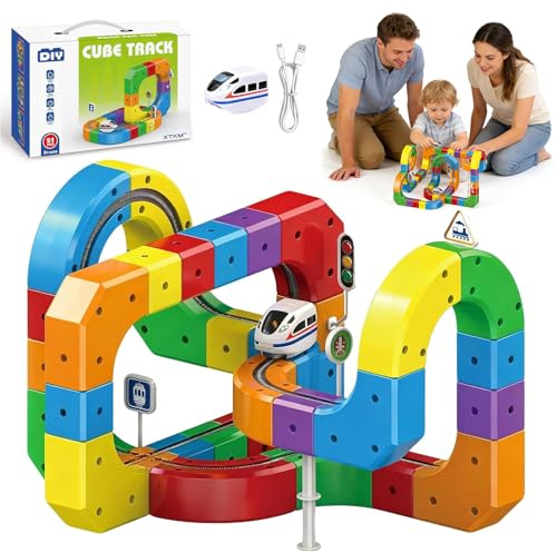 COLEESON Clickrail Electric Train Set, 51PCS Magic Rail Cube Track, 3D DIY Flexible Train Track Toy, USB Motorized Toy Train for Kids, Birthday Gift for Boys and Girls (C)