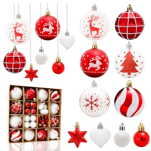 Aitsite 38 Pezzi Palline di Natale Rosse e Bianco, 6CM /3CM Palline Albero di Natale Decorazioni Natalizie per Albero, Palle di Natale in Plastica, Infrangibile Appendere Addobbi Natalizi
