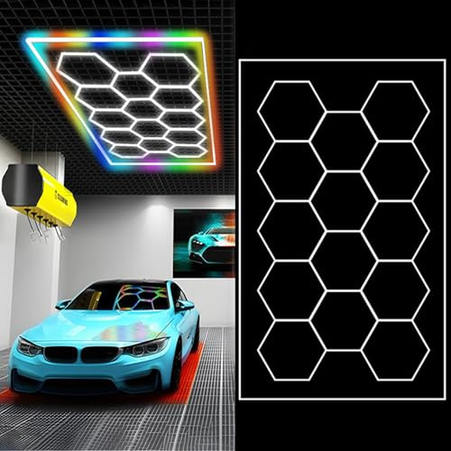 Sedtonmu LED Hexagon Beleuchtung fuir Garage 14 pcs 6500K Sechseckige Garagenleuchten RGB Ideal für Garage Werkstatt Gaming Fitnessstudio Friseur Bürobeleuchtung,5