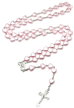 BFLKY Rosario con perline a forma di cuore, preghiera cattolica con ciondolo a forma di croce a forma di cuore, gioiello religioso