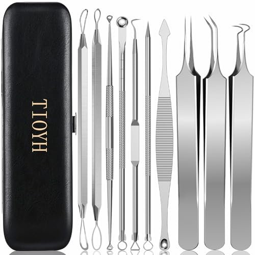 Mitesserentferner Komedonenquetscher Set, 10 Stücke Extraktor Akne Entfernung Kit für einfache Entfernung, mit Metallgehäuse, für Whitehead-Akne auf der Nase, Gesicht (Hochwertiger aus Edelstahl von)