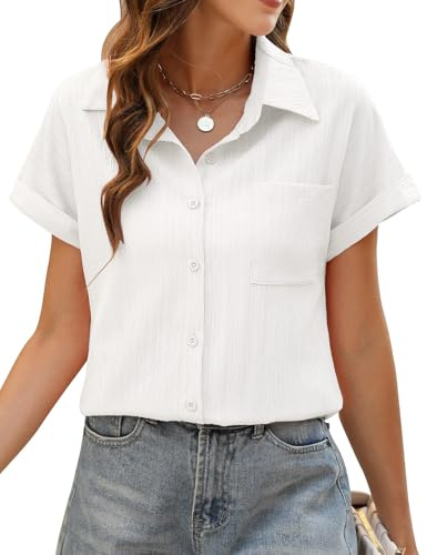 PASUDA Chemise Femme Haut Été Blouse Femme Chic et Élégant Manches Courtes Col en V Chemisier Tunique Tops avec Boutons Haut Décontractés T-Shirts D'été Ample Couleur Unie (Blanc, XL)