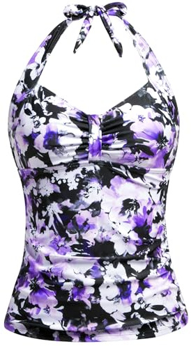 Women Tankini Bathing Suit Top Only - Halter Swimsuit Top Tummy Control Swimwear Swim Tank Top Only No Bottom 2025 Purple Flowers L