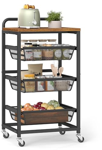 VASAGLE Storage Rolling Cart with Pull-Out Baskets, 4-Tier Utility Cart Orgnizer with Wheels for Laundry Room, Kitchen, Handle, 12.5 x 15.8 x 29.9 Inches, Rustic Brown and Ink Black ULRC040K01