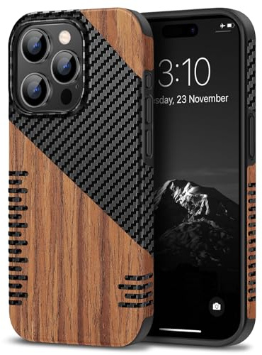 TENDLIN Compatible with iPhone 15 Pro Case Wood Grain with Carbon Fiber Texture Design Leather Hybrid Slim Case (Twill)