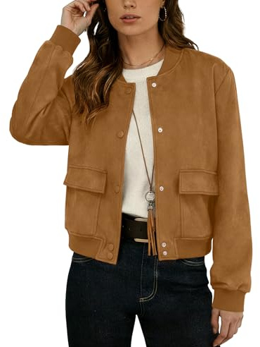 GRECERELLE Womens Bomber Jacket Cropped Button Down Baseball Varsity Jacket Long Sleeve With Pockets (Camel, Small)