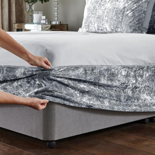 MK Home Textile Crushed Velvet Bed Base Wrap Valance – Luxury Elasticated Fitted Divan Sheet Cover – Soft Silver Grey Frame Wrap for Single, Double, King & Super King Size Beds (Double)