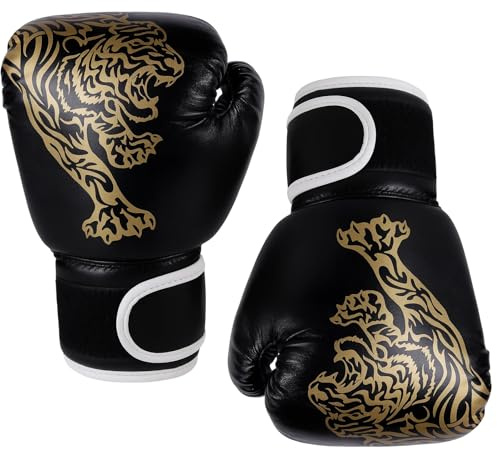 1 Pair of Junior Boxing Gloves, Kids Boxing Gloves for Training Ages 6-12, Kickboxing Gloves with Secure Wrist Support, Black and Gold Tiger Design for Punching Bag Workouts