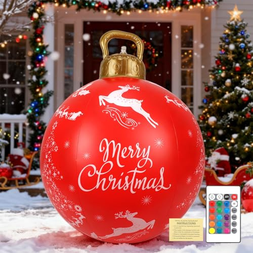 Palline di Natale Gonfiabili Giganti con Telecomando, 60CM Renne Palle Decorativa Natalizio Gonfiabile, PVC Giardino Palla Natale Decorazione per Feste Giardino Prato Vialetto Interni Esterni, Rosso