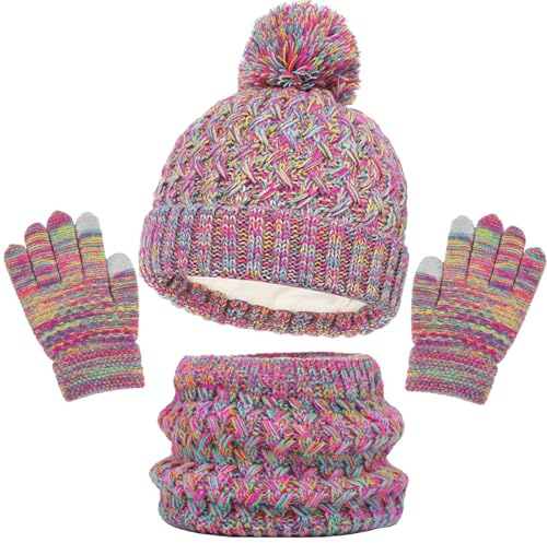 SSKHE Sciarpa per cappello invernale per bambini e set di guanti,Pom Bobble Hat Knitted Warmth Crochet Thick Fluffy Scarf Two Fingers Touch Screen Gloves Set for Boys and Girls 2-8, Rainbow